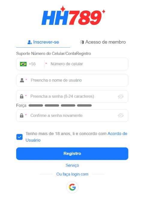 Cadastro rápido no HH789 Cassino